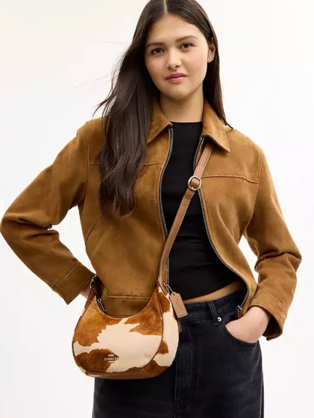 π€Coach NWT Emily Brown and Cream Calf-hair Cow Print Shoulder Bag/Gold Hardware - Picture 2 of 10
